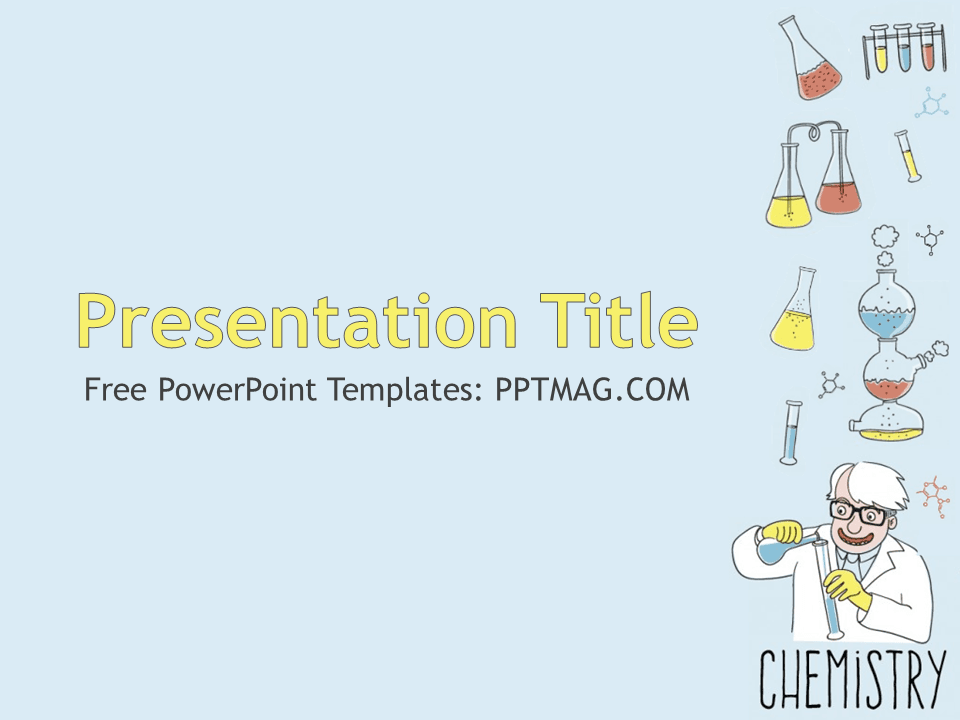 Chemistry PowerPoint Template cover slide with light blue background, yellow title text, and cartoon scientist with lab