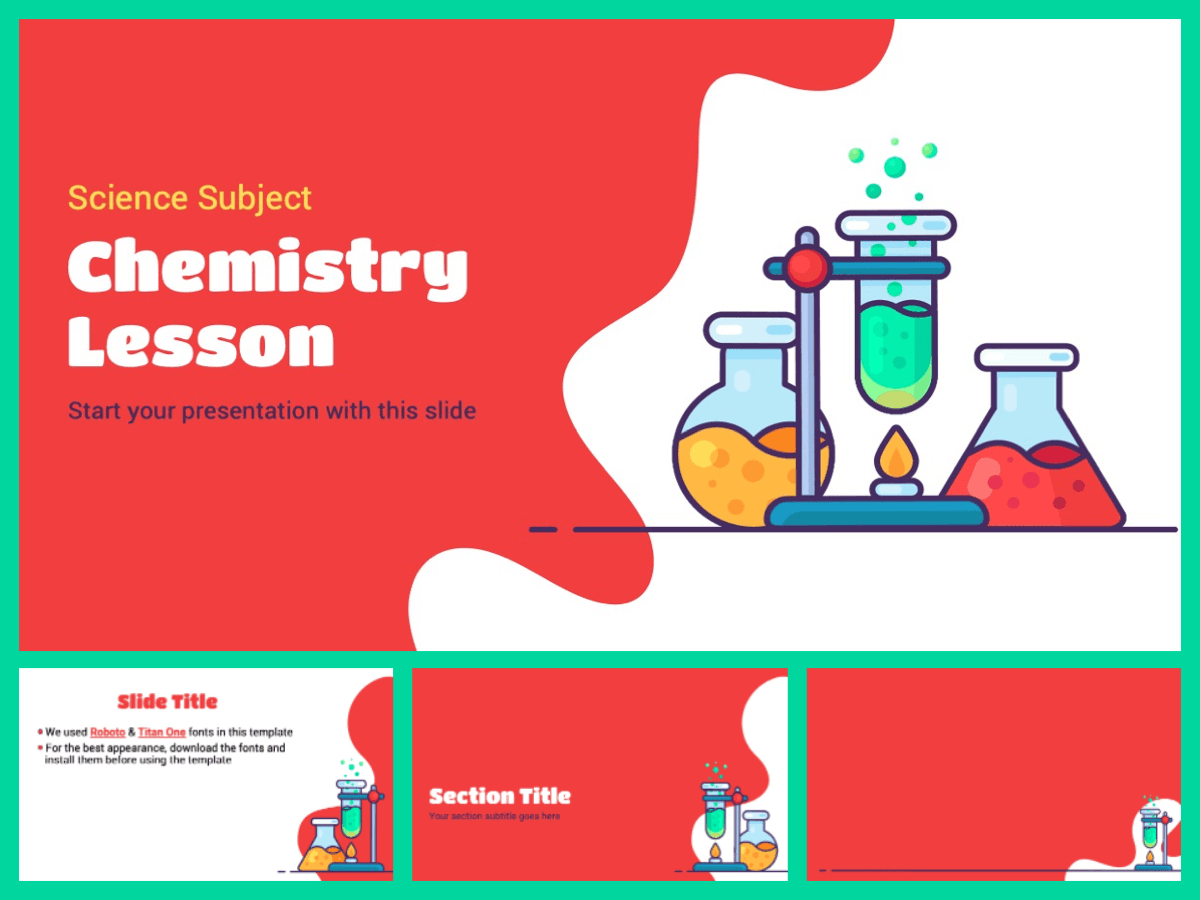Chemistry PowerPoint Template cover slide with red and teal design, laboratory glassware illustrations