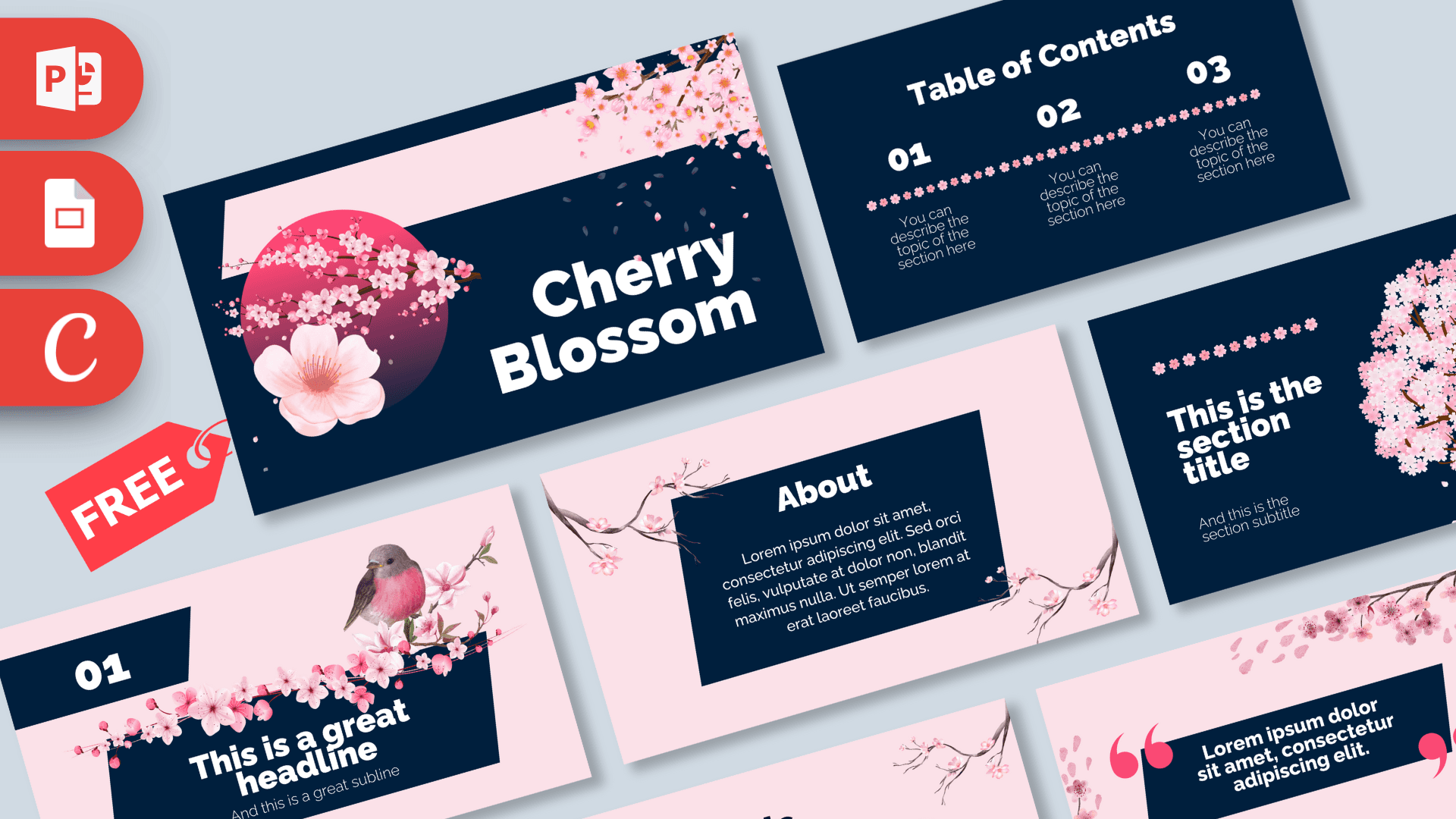 Cherry Blossom PowerPoint template cover with pink flowers, dark navy background, and elegant cherry blossom design elements