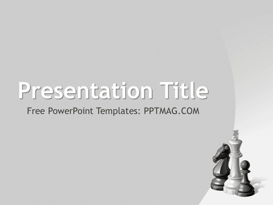Chess PowerPoint Template cover slide with white title text, gray background, and chess pieces