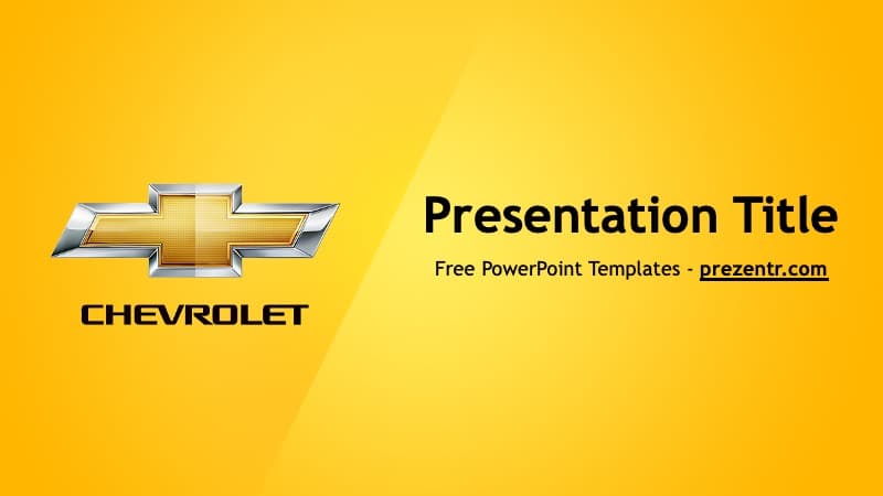 Chevrolet PowerPoint Template cover slide featuring the iconic gold bowtie logo on vibrant yellow background with black text