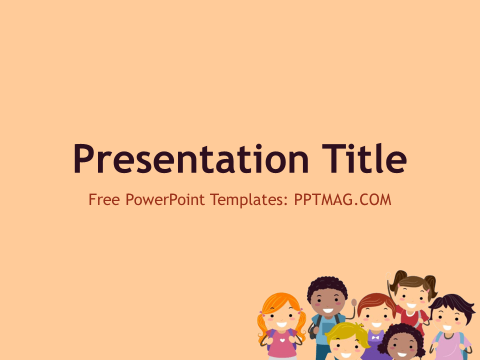 Children PowerPoint Template title slide with peach background and a group of smiling cartoon kids
