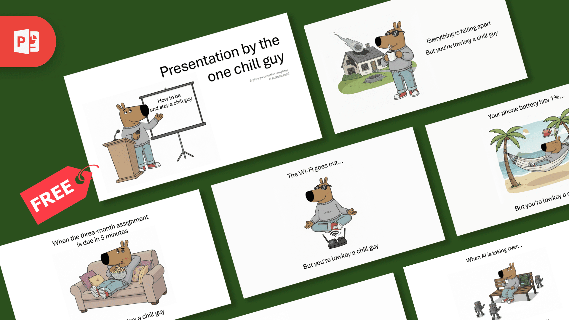 white chill guy powerpoint template with various chill guy moments and situtations