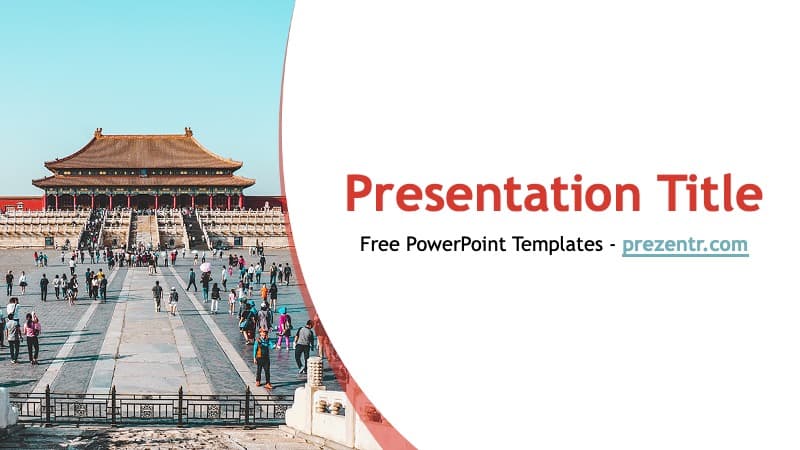 China PowerPoint Template cover slide: Forbidden City courtyard with red curved design element and title text