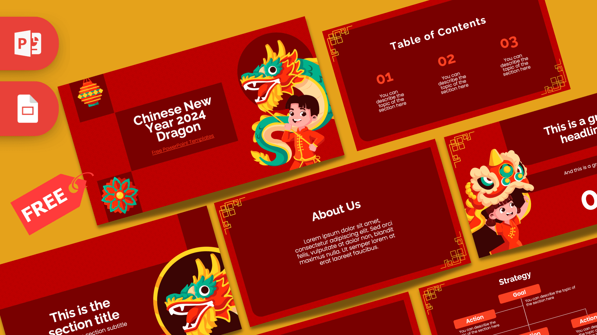 Chinese New Year 2024 Dragon PowerPoint template with red, gold colors and festive illustrations