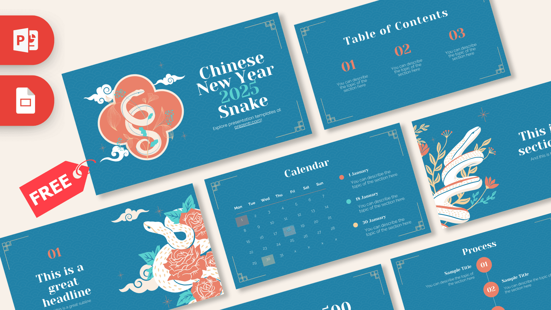 Chinese New Year 2025 PowerPoint template cover with red snake illustration and teal blue background