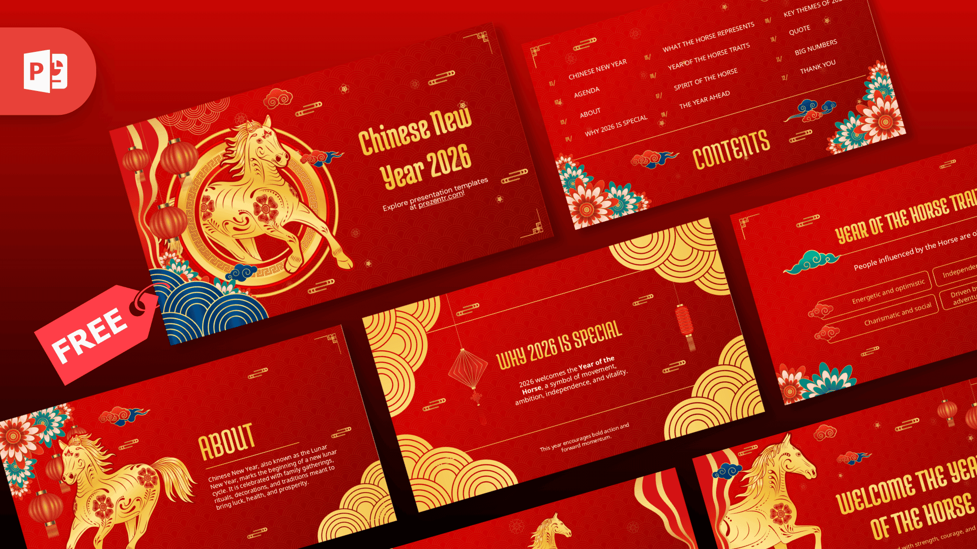 Chinese New Year 2026 PowerPoint template cover with golden horse illustration and red background