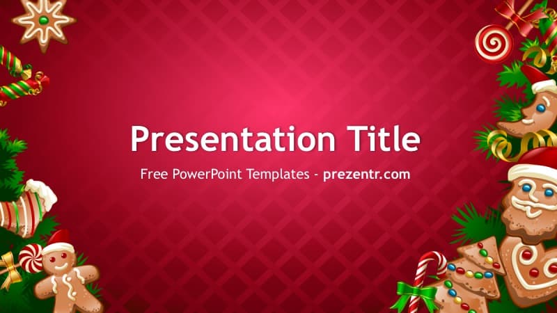 Christmas Cookies PowerPoint Template cover slide with red background, gingerbread figures, and holiday decorations