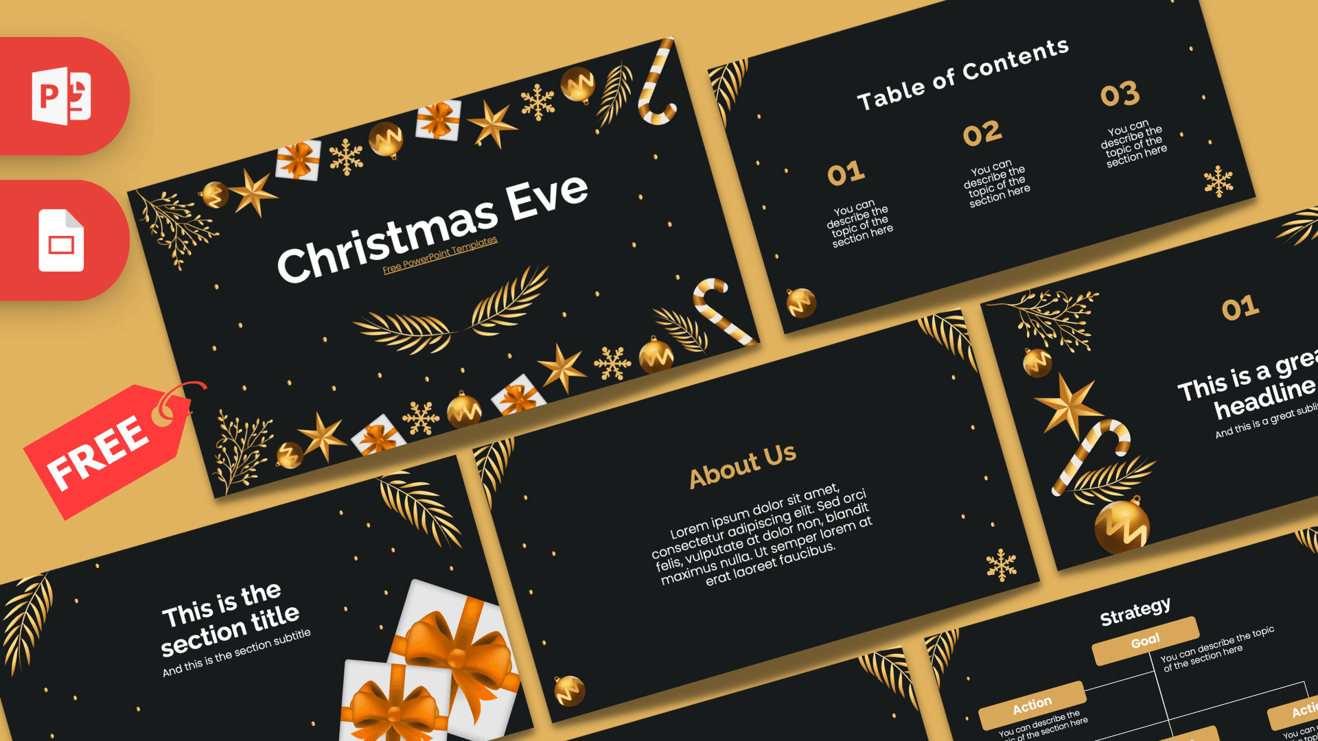 Christmas Eve PowerPoint template cover slide with gold decorations and dark background