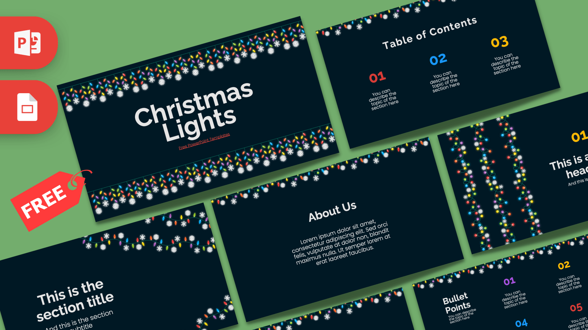Christmas Lights PowerPoint template cover slide with dark navy background and colorful festive light decorations