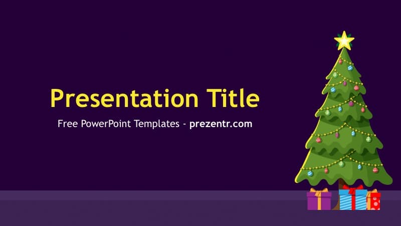Christmas Tree PowerPoint Template cover slide with decorated green tree, gold star, gifts, and purple background
