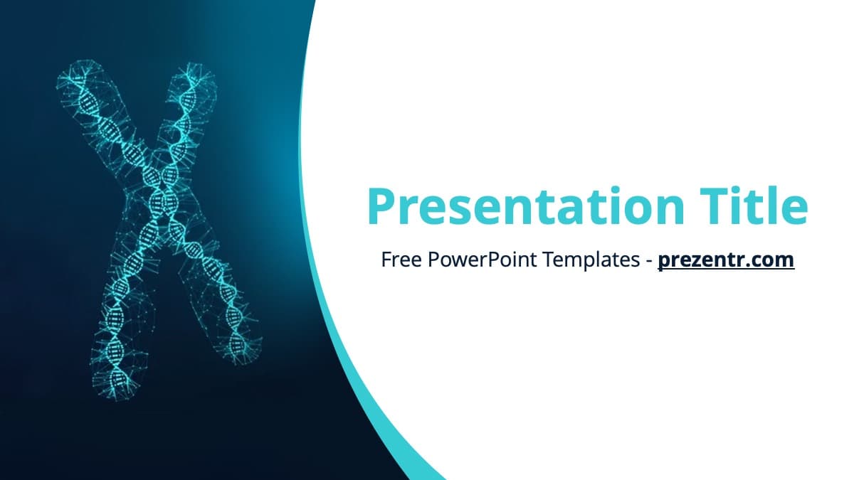 Chromosome PowerPoint Template cover slide with glowing DNA double helix on teal dark blue background