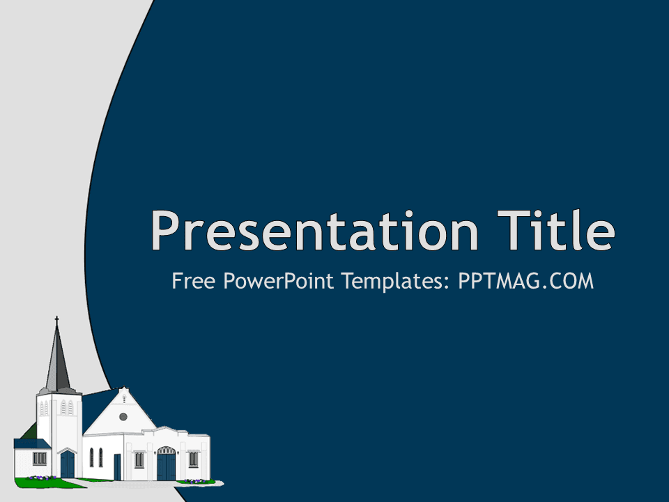 Church PowerPoint Template cover slide with dark blue background, white church illustration, and centered text layout