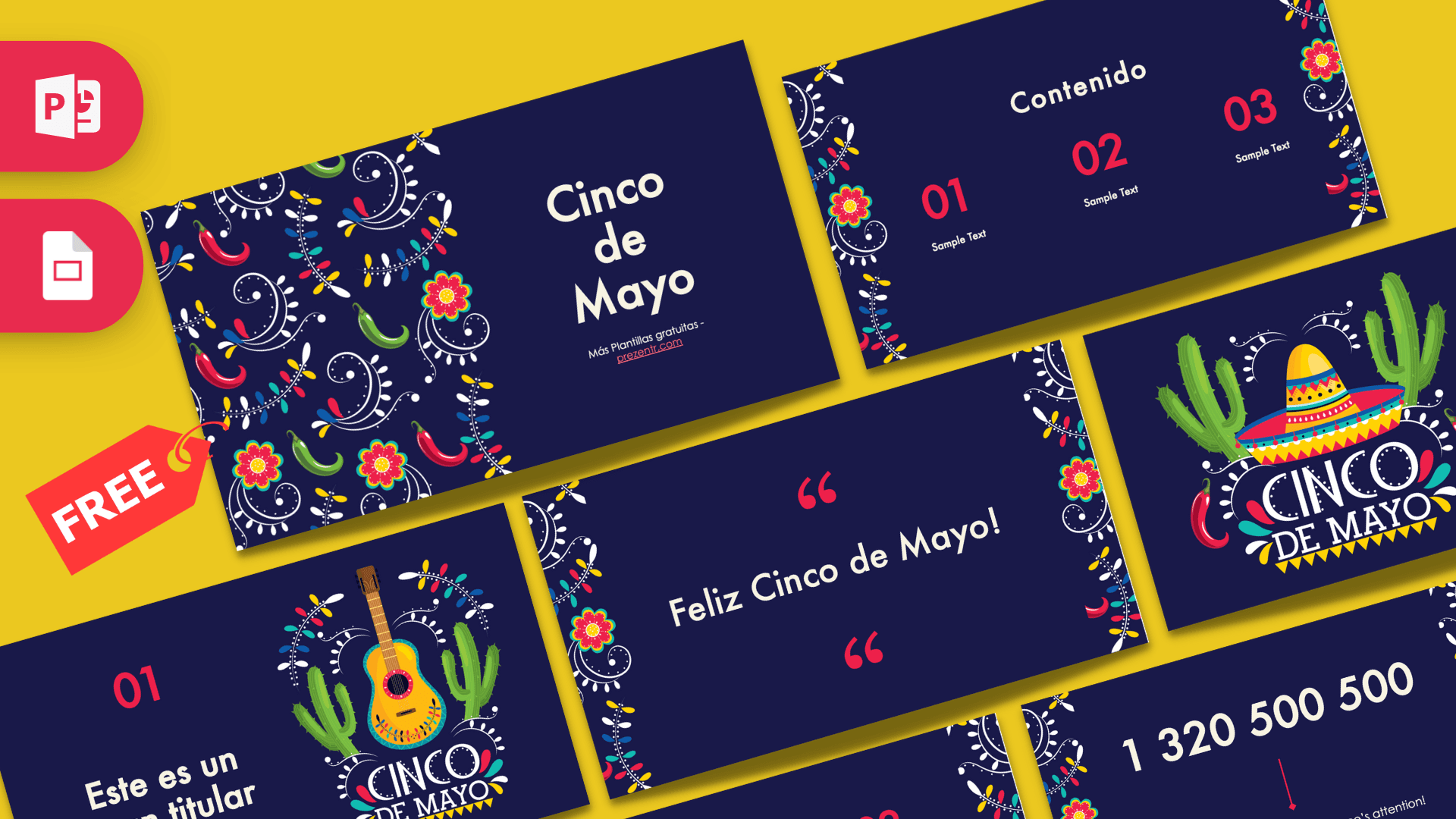 Cinco de Mayo PowerPoint template cover with dark navy background, colorful Mexican folk art patterns, and bright yellow