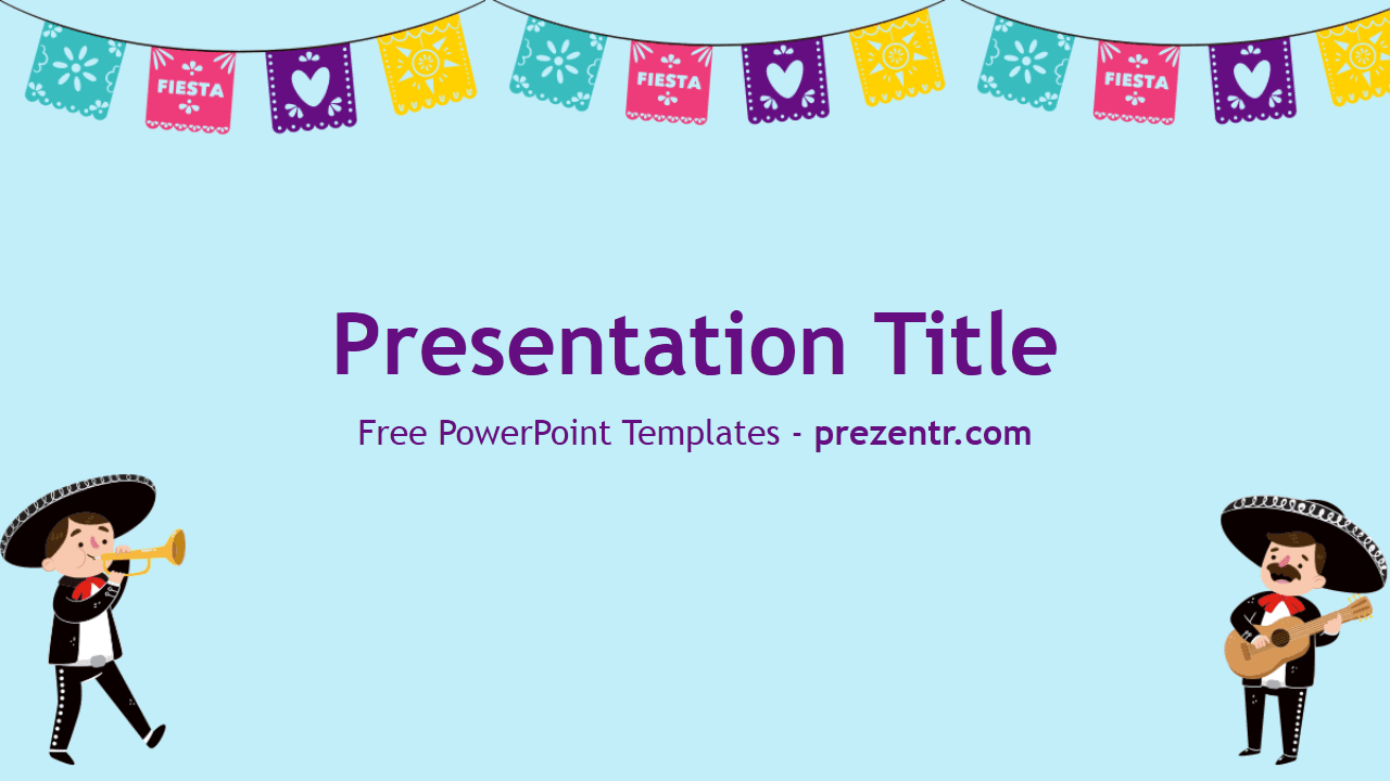 Cinco de Mayo PowerPoint Template cover slide with colorful papel picado banner, mariachi musicians, and light blue