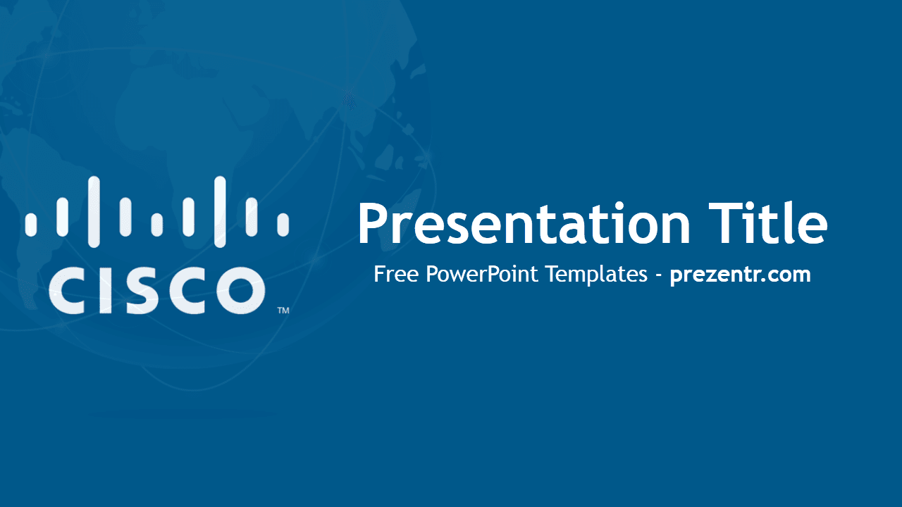 Cisco PowerPoint Template cover slide with blue background, white logo, and globe graphic