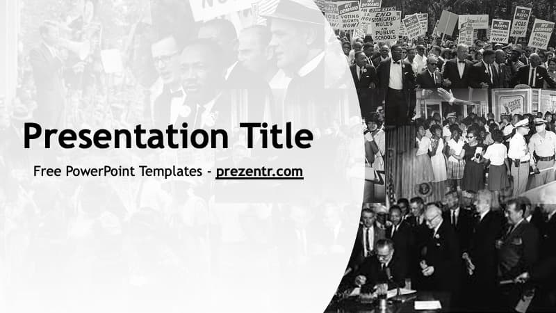 Civil Rights PowerPoint Template cover slide with black-and-white historical protest imagery and curved design layout