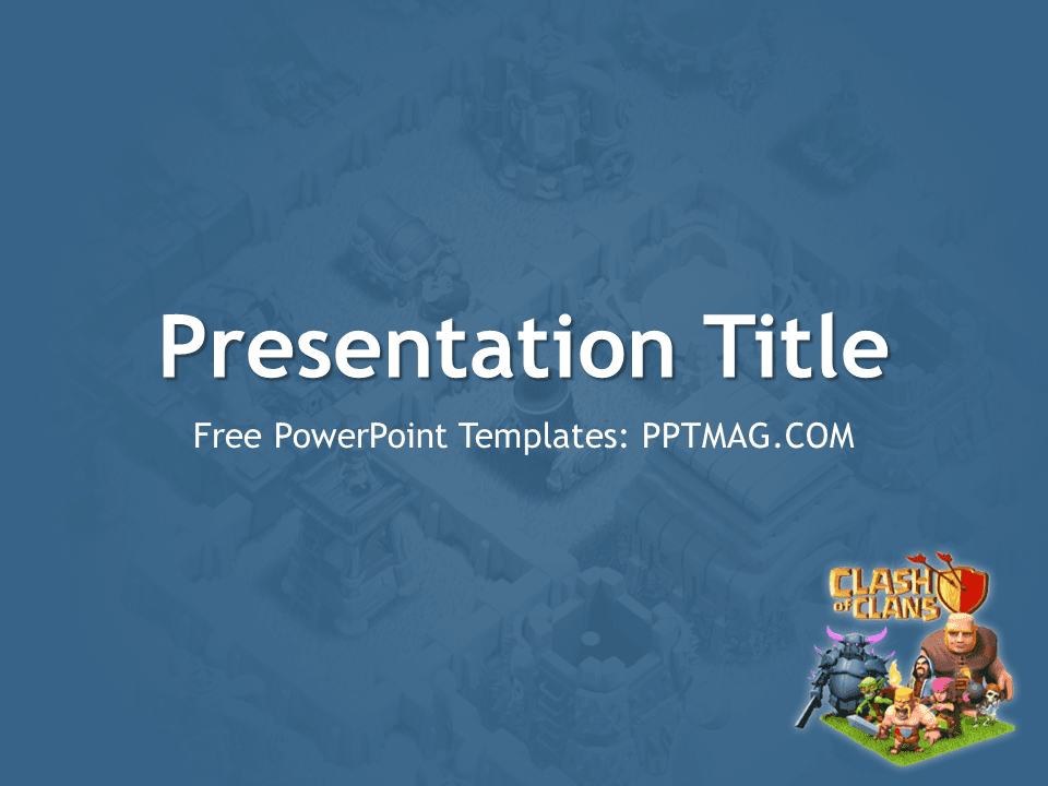 Clash of Clans PowerPoint template cover slide with blue isometric game background and character graphics