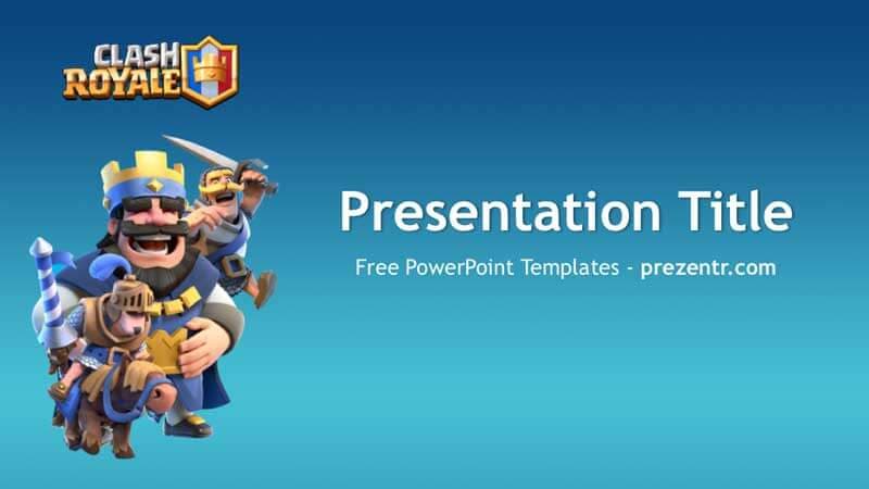 Clash Royale PowerPoint template cover slide with blue gradient background, game characters, and title placeholder