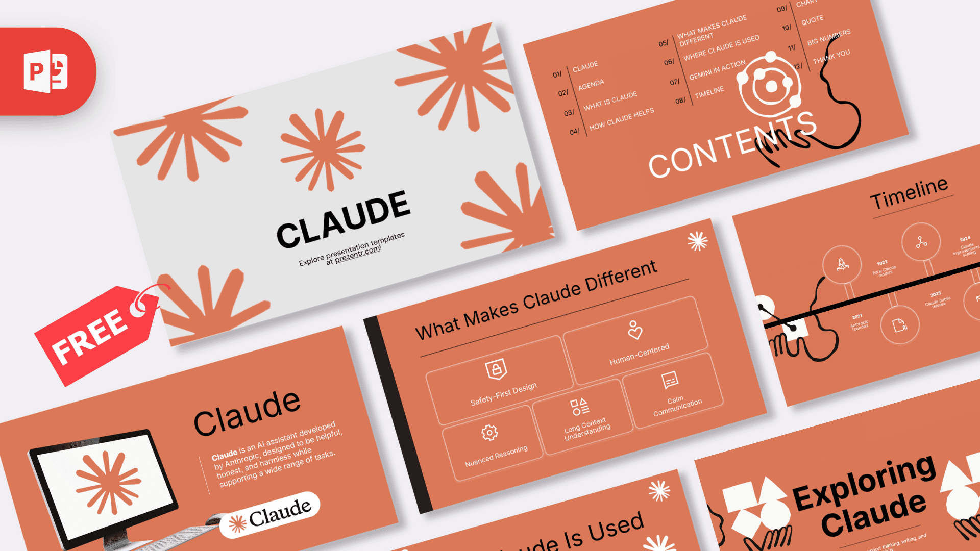 Claude PowerPoint template cover with orange sunburst design and minimalist layout
