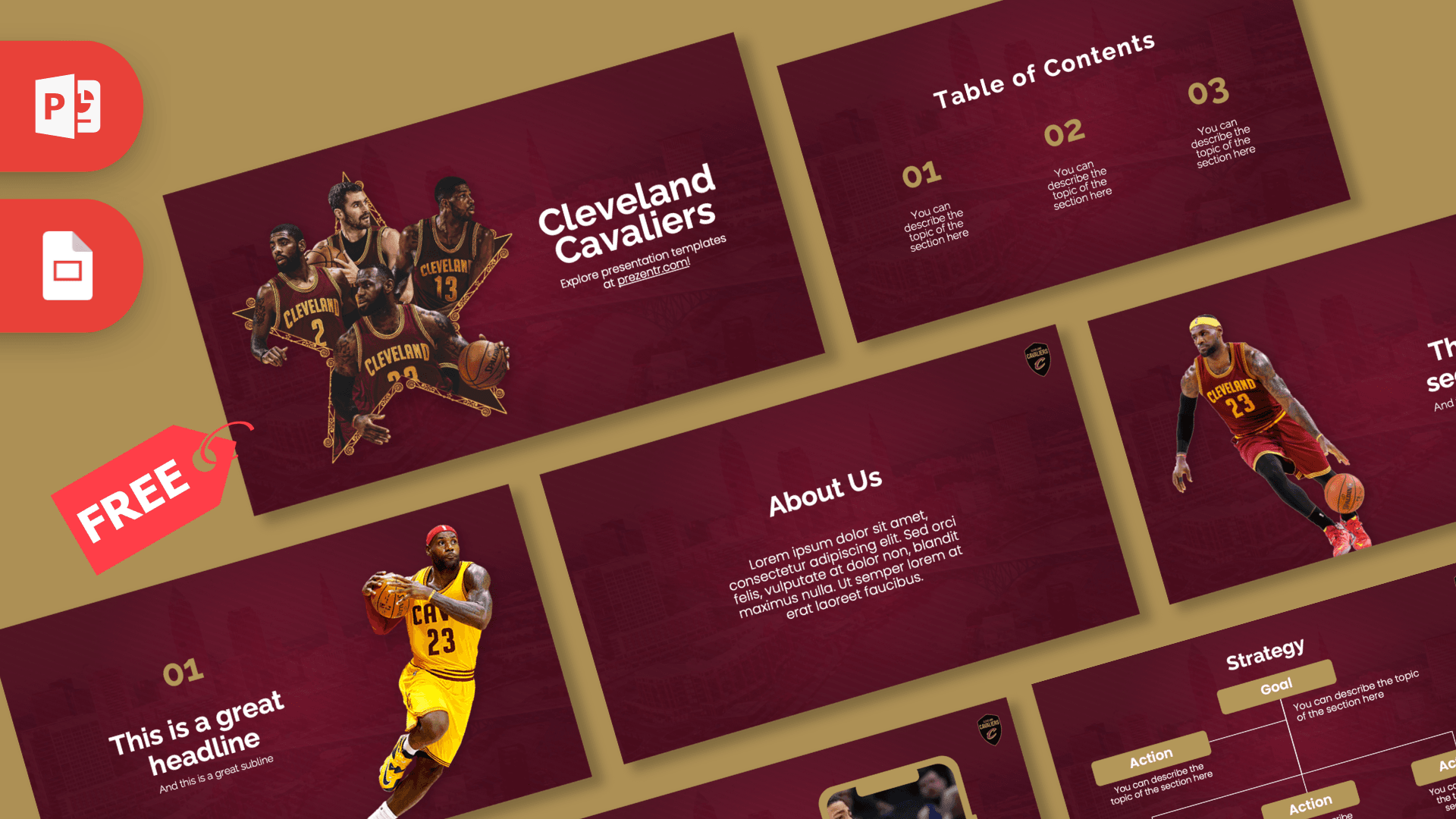 Cleveland Cavaliers PowerPoint template cover with maroon background, basketball players in team uniforms, and gold accents
