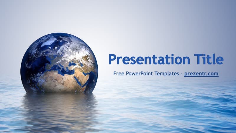 Earth partially submerged in water against blue sky for Climate Change PowerPoint Template cover slide