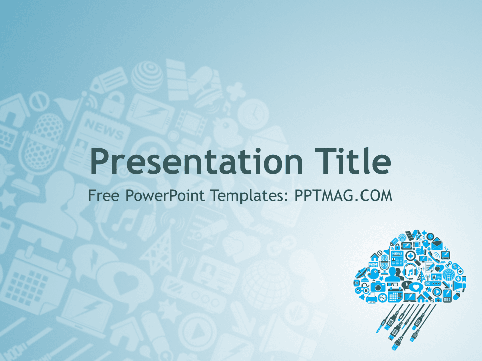 Cloud Computing PowerPoint Template cover slide with blue cloud icon and tech symbols on light blue background