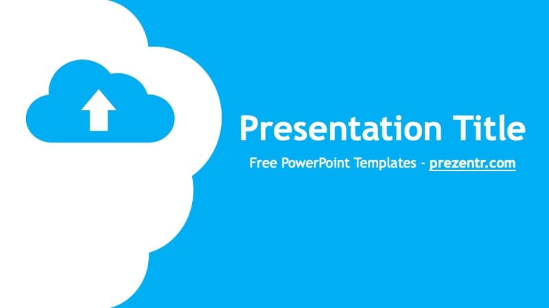 Cloud Storage PowerPoint Template title slide with blue background, white cloud shape and cloud upload icon