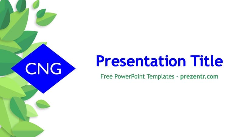 CNG PowerPoint template cover slide with blue diamond logo, green leaf design, and blue title text