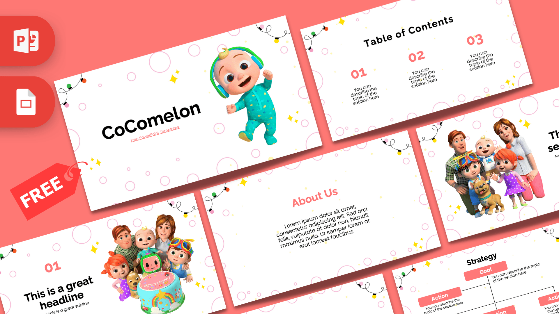 CoComelon PowerPoint Template cover slide with cheerful character and pink coral design elements