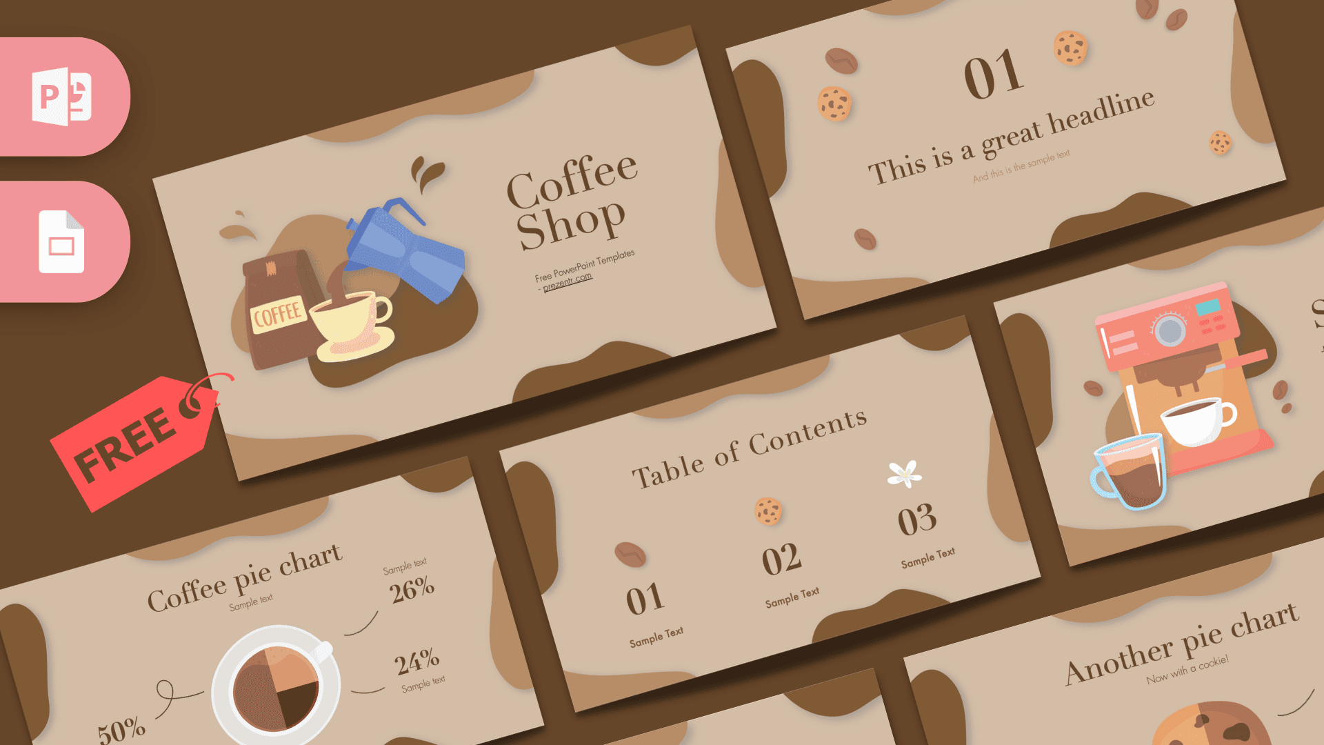 Coffee Shop PowerPoint Template cover slide with beige tones, coffee illustrations, and angled layout design