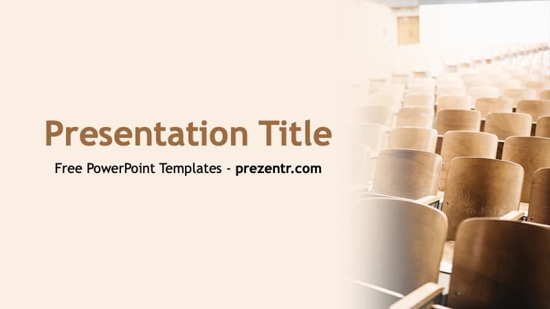 College PowerPoint Template cover slide with empty lecture hall seats and warm beige tones