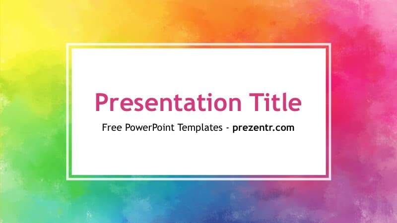 Colorful PowerPoint template cover slide with vibrant rainbow gradient background, white text box, and rainbow border frame