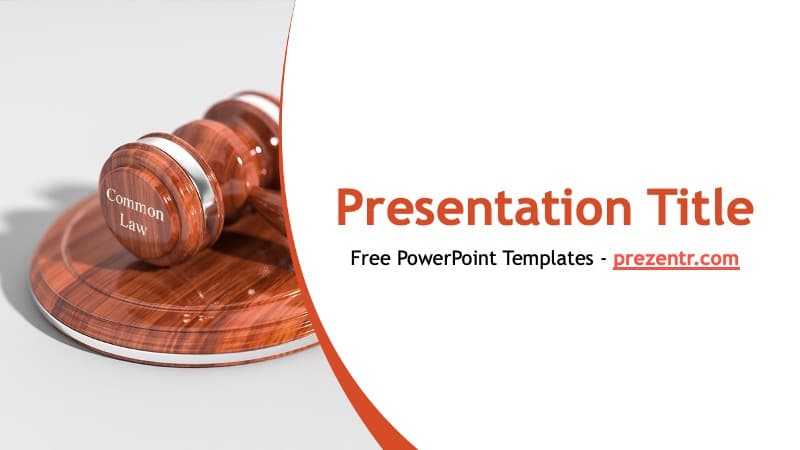 Wooden gavel with "Common Law" engraving on white background with red curved design element and "Presentation Title" text
