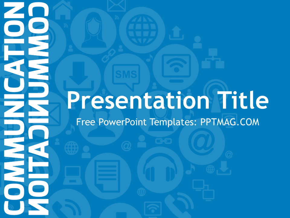 Blue communication template cover slide with icons and white sidebar text