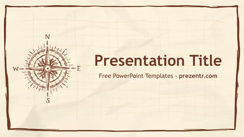 Compass PowerPoint Template cover slide with vintage compass rose on beige background and brown border frame
