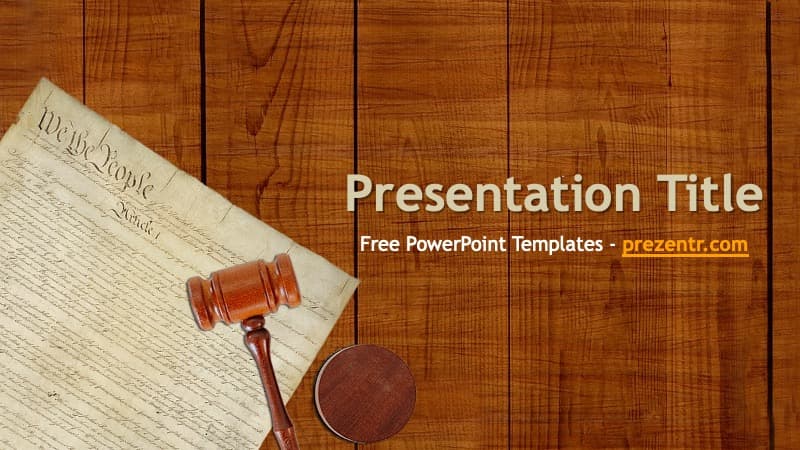 Constitution PowerPoint Template cover slide with gavel and document on wooden background