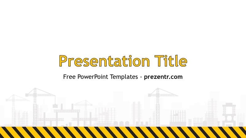Construction PowerPoint Template title slide with yellow and black striped border, cityscape silhouette