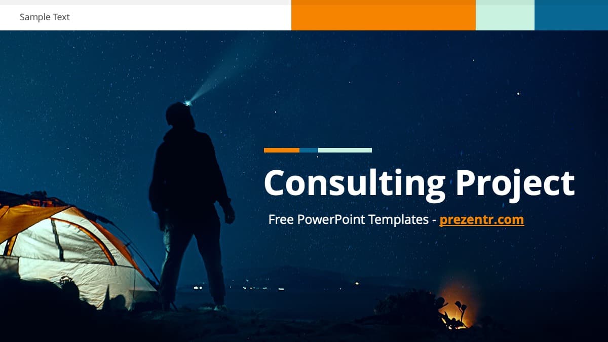 Consulting PPT Template cover slide: silhouetted hiker with headlamp under starry night sky, orange and teal color scheme