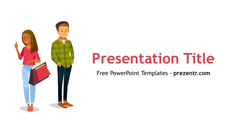 Consumer Behavior PowerPoint template cover with two illustrated young people and red title text