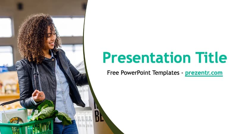 Consumer PowerPoint Template cover slide featuring woman with shopping basket and teal curved design