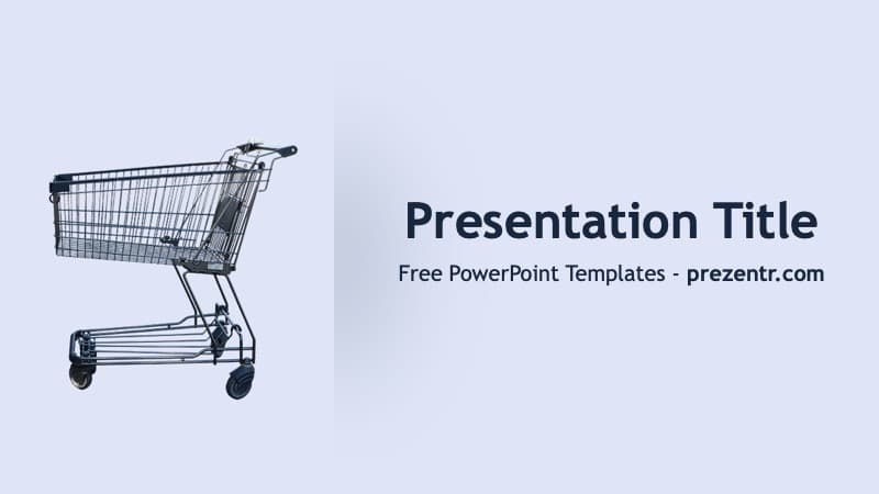 Light blue background with shopping cart on left, Consumer Rights PowerPoint Template title and prezentr.com credit on right