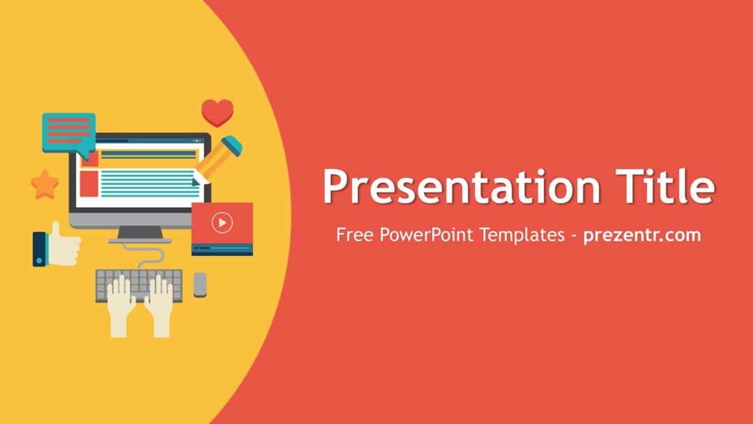 Content Marketing template cover slide with yellow and red split design, computer and content creation icons