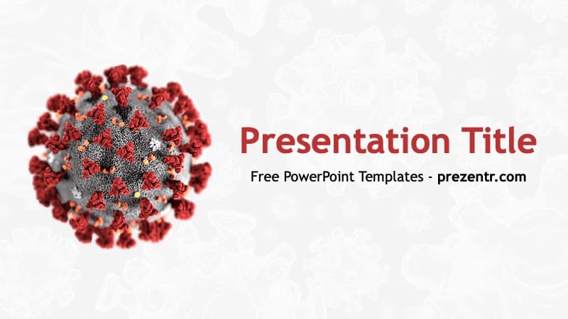 Coronavirus PowerPoint template cover slide with red virus particle and gray background text layout