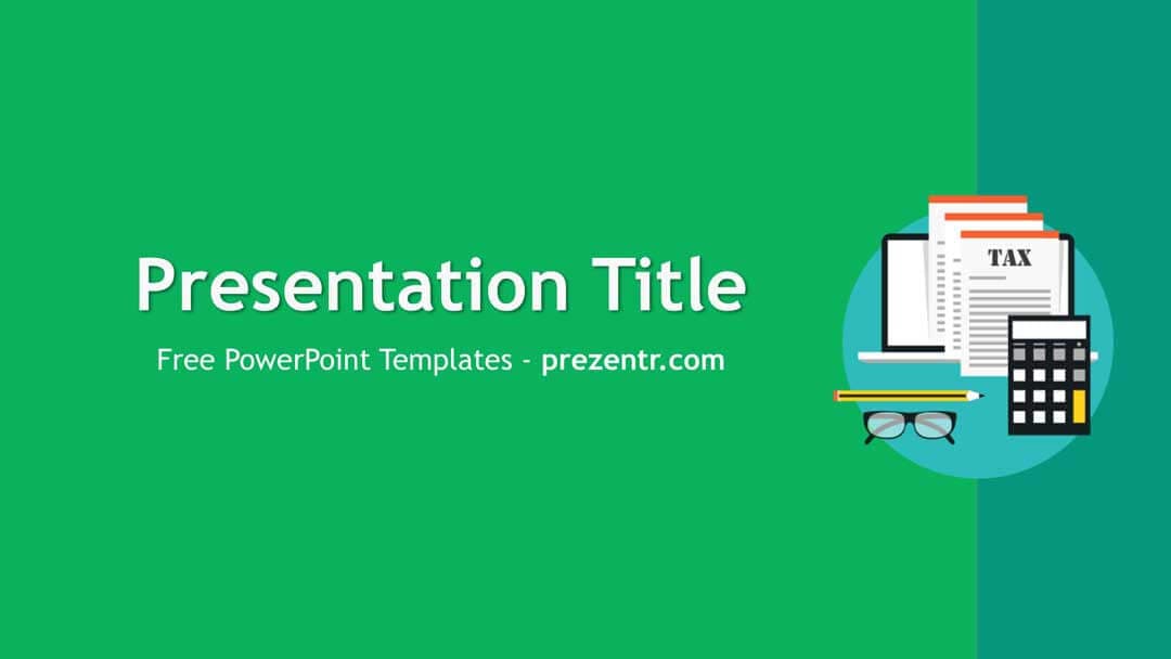 Corporate Tax PowerPoint template cover slide with green background, tax document and calculator icons