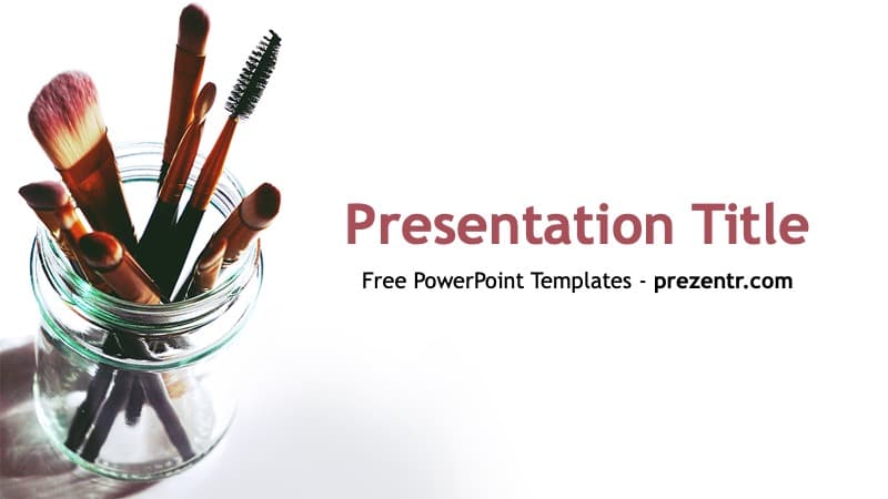 Cosmetic PowerPoint Template cover slide featuring makeup brushes in glass jar with mauve text on white background