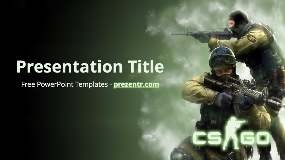 Counter-Strike PowerPoint Template cover slide featuring armed soldiers in tactical gear against green atmospheric background