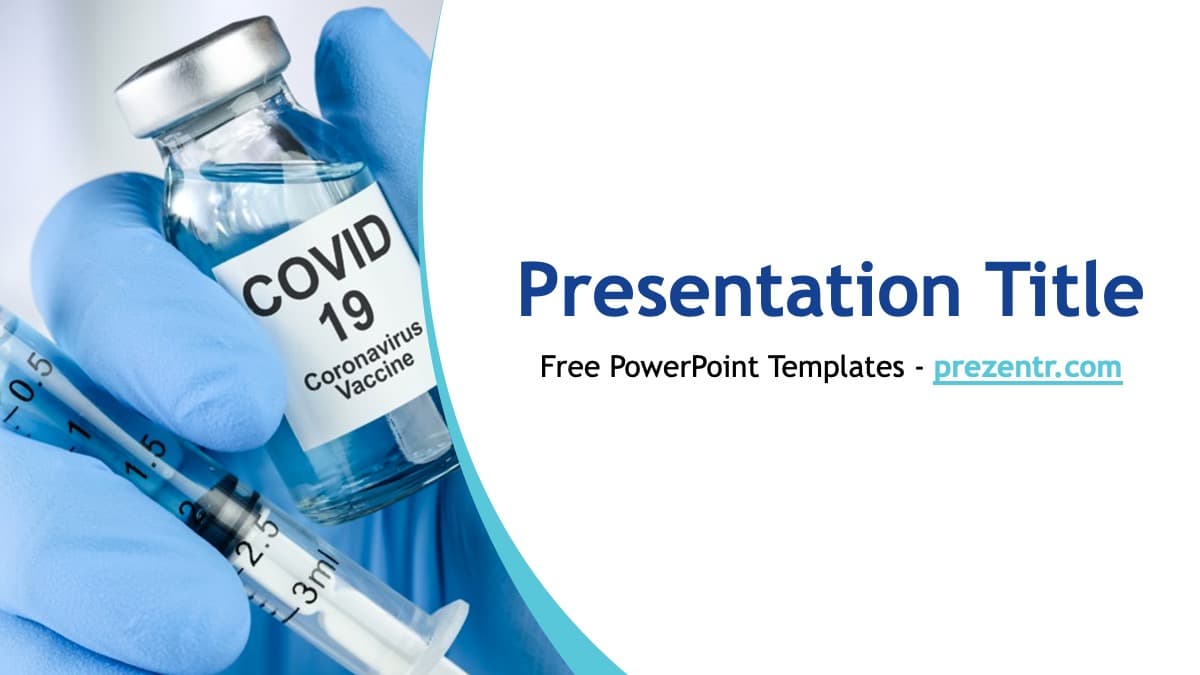 COVID Vaccine PowerPoint Template cover slide featuring blue-gloved hand holding coronavirus vaccine vial and syringe