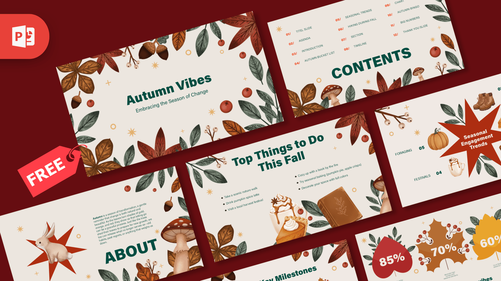 Autumn Vibes PowerPoint template cover with cream background, fall leaves, acorns, and pumpkins in warm tones