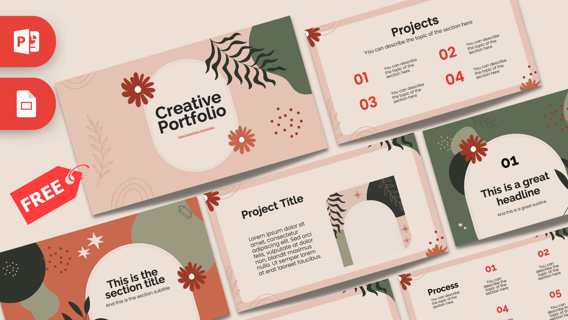 Creative Portfolio PowerPoint template cover with beige, green, and rust botanical design elements